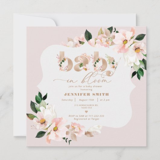 ベビー開花フローラ赤面ピンク赤ちゃんシャワー 招待状 (正面)