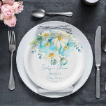 ベビー開花春夏のベビーシャワー食器 ペーパープレート<br><div class="desc">開花のベビー夏の花ベビーシャワーパーソナライズされた食器テンプレートプレート、パステルブルーとホワイトバターカップデイジーの花春夏の庭をテーマにした赤ちゃんシャワーパーソナライズされたパーティー春</div>