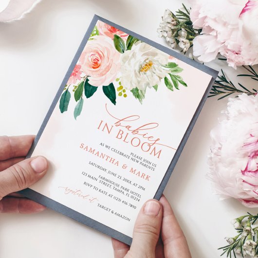 ベビー開花赤面ピンクツインズベビーシャワー 招待状