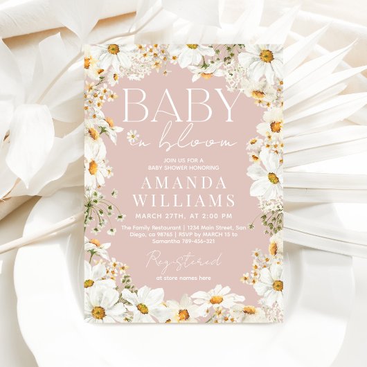 ベビー開花赤面ピンクデイジーベビーガールシャワー 招待状