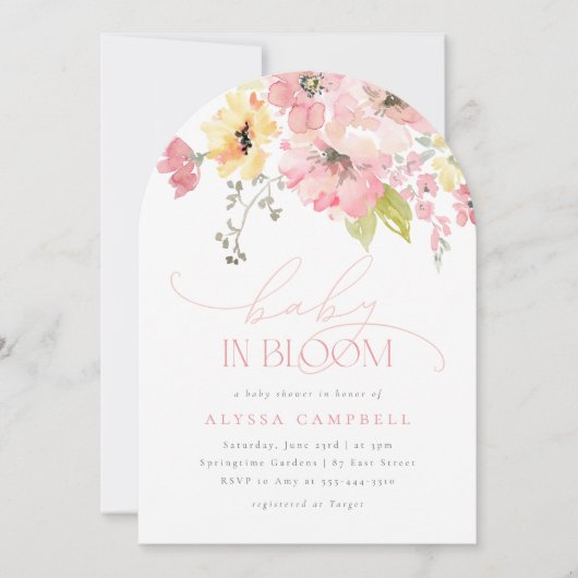 ベビー開花赤面ピンクフローラガールシャワーアーチ 招待状 (正面)