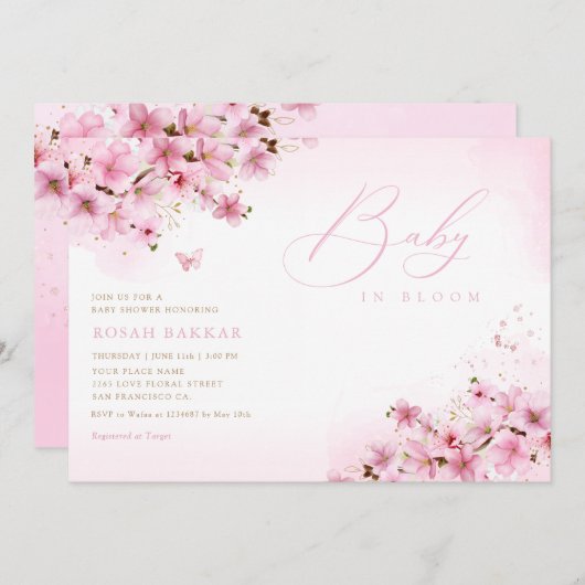 ベビー開花赤面ピンクフローラガールベイビーシャワー 招待状 (正面/裏面)