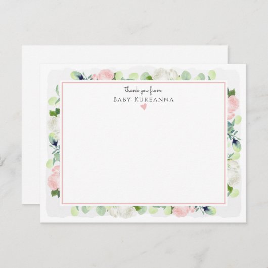 ベビー開花赤面ピンクローズベビーガール文房具 サンキューカード (正面/裏面)