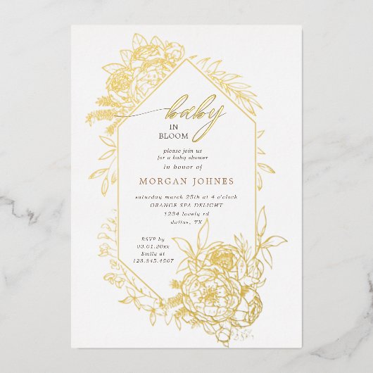 ベビー開花金ゴールドフローラベビーシャワー 箔招待状 (正面)
