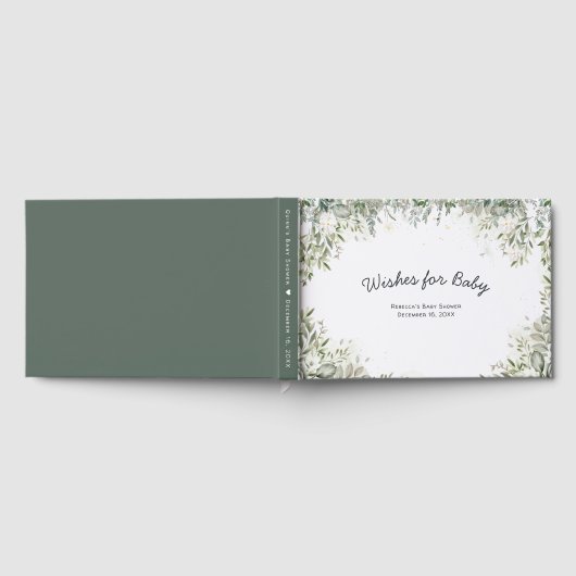 ベビー開花 |白いフローラの緑の赤ちゃんシャワー ゲストブック (全面)