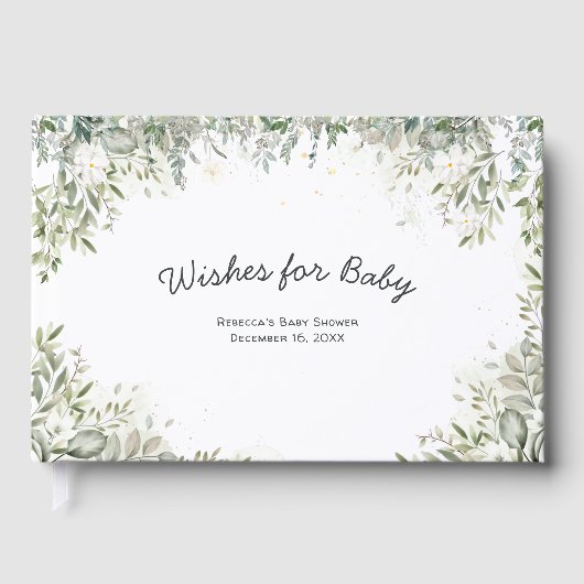 ベビー開花 |白いフローラの緑の赤ちゃんシャワー ゲストブック (正面)