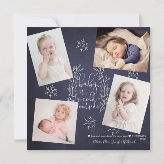 ベビー雪の外は寒い4枚の写真ネイビー 招待状 (正面)
