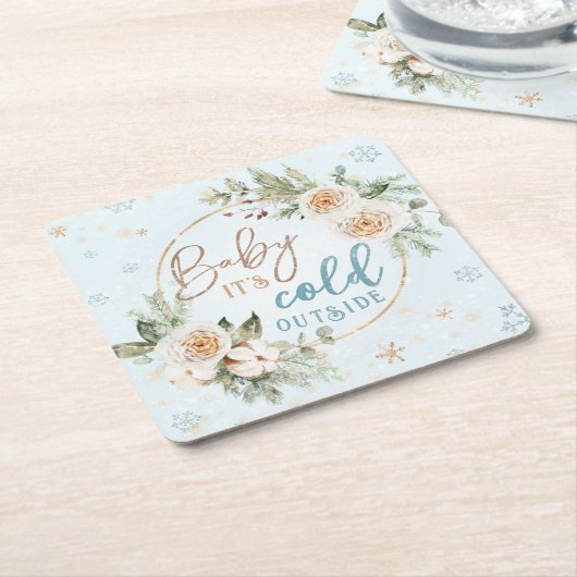 ベビー青い冬のシャワー散水の外が寒い スクエアペーパーコースター (アングル)