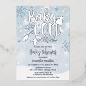 ベビー青い冬の男の子の赤ちゃんシャワー外が寒い 箔招待状 (正面)