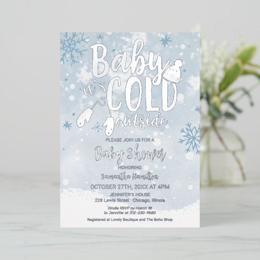 ベビー青い冬の男の子の赤ちゃんシャワー外が寒い 箔招待状 (立ち正面)