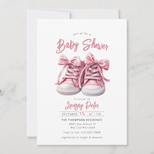 ベビー靴 |ピンクガール赤ちゃんシャワー招待状 招待状 (正面)