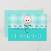 ベビー顔オンホタテ付きティール(緑がかった色)ジンガム縁ど サンキューカード (正面/裏面)