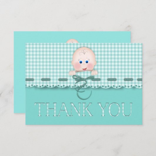 ベビー顔オンホタテ付きティール（緑がかった色）ジンガム縁ど サンキューカード (正面/裏面)