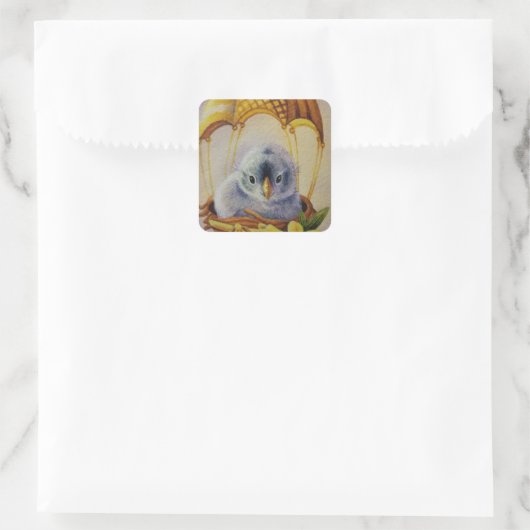 ベビー鳥の羽の生えた黄色いパラシュート水色 スクエアシール (バッグ)