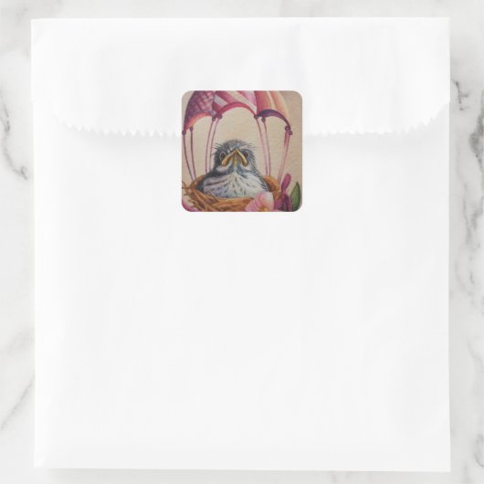 ベビー鳥の駆け出しピンクのパラシュート水のカラーアート スクエアシール (バッグ)