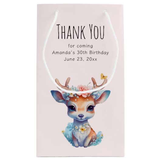 ベビー鹿と〔雄ジカの〕枝角と花パーティーありがとう スモールペーパーバッグ (裏面)