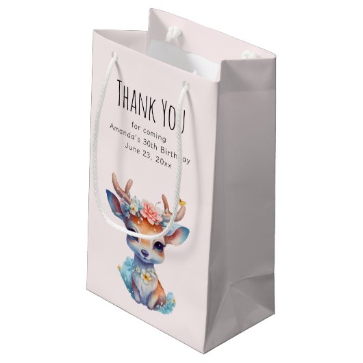 ベビー鹿と〔雄ジカの〕枝角と花パーティーありがとう スモールペーパーバッグ (裏面アングル)