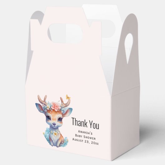 ベビー鹿と〔雄ジカの〕枝角と花赤ちゃんシャワー フェイバーボックス (オープン)