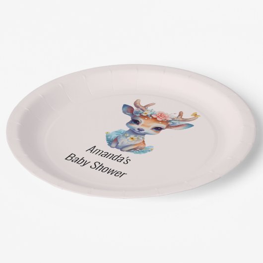 ベビー鹿と〔雄ジカの〕枝角と花赤ちゃんシャワー ペーパープレート (アングル)