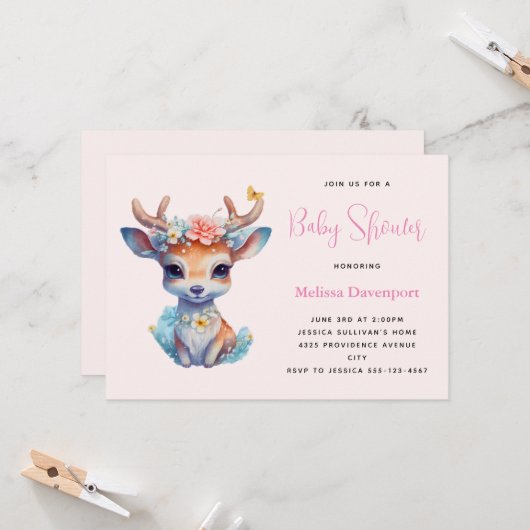 ベビー鹿と〔雄ジカの〕枝角と花赤ちゃんシャワー 招待状 (正面/裏面インサイチュ)