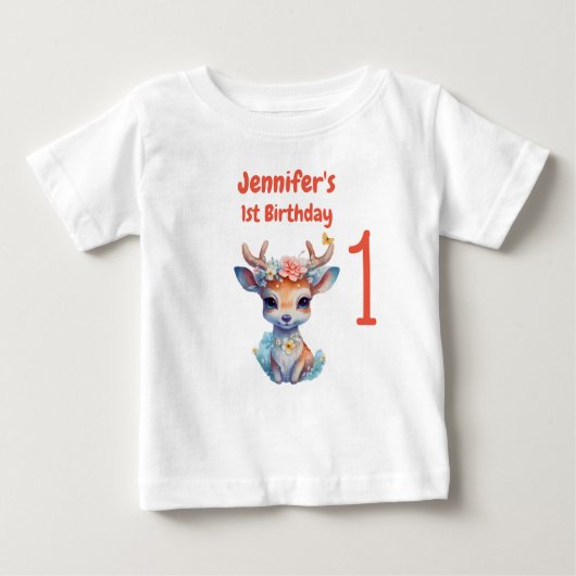 ベビー鹿と〔雄ジカの〕枝角と花1歳の誕生日 ベビーTシャツ (正面)