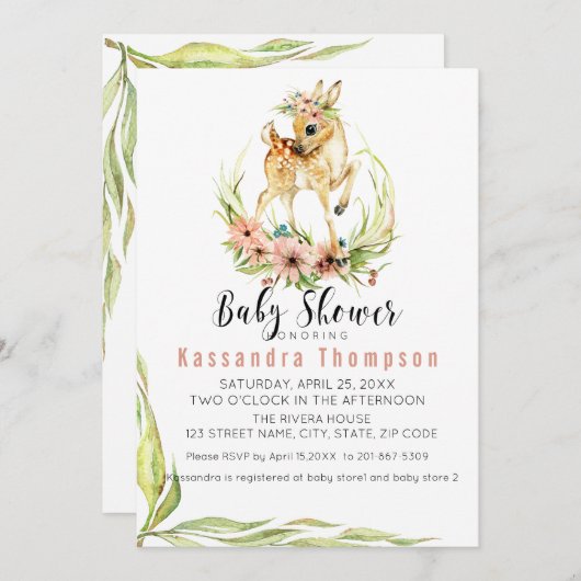 ベビー鹿の乳児用シャワー 招待状 (正面/裏面)