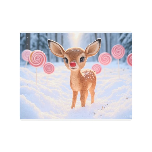 ベビー鹿の冬の棒つきキャンデー林 メタルプリント (正面)