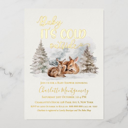 ベビー鹿の森のベビーシャワー外は寒い 箔招待状 (正面)
