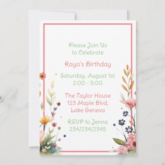 ベビー鹿インフラワーガールズバースデーパーティー 招待状 (裏面)