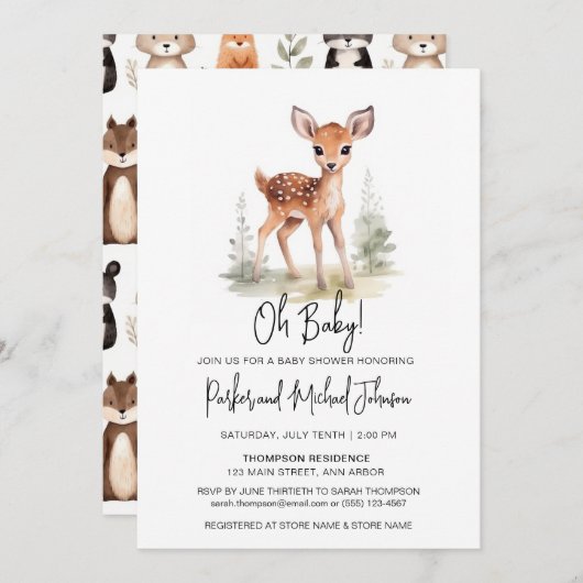 ベビー鹿ウッドランド動物の赤ちゃんシャワー 招待状 (正面/裏面)