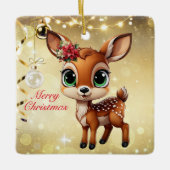 ベビー鹿、子鹿、雌鹿🦌 🎄金ゴールドメリークリスマス セラミックオーナメント (正面)