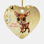 ベビー鹿、子鹿、雌鹿🦌 🎄金ゴールドメリークリスマス セラミックオーナメント (正面)