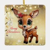 ベビー鹿、子鹿、雌鹿🦌 🎄金ゴールドメリークリスマス セラミックオーナメント (正面)