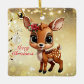 ベビー鹿、子鹿、雌鹿🦌 🎄金ゴールドメリークリスマス セラミックオーナメント (正面)