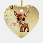 ベビー鹿、子鹿、雌鹿🦌 🎄金ゴールドメリークリスマス セラミックオーナメント (正面)