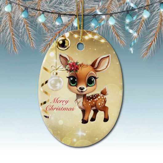 ベビー鹿、子鹿、雌鹿🦌 🎄金ゴールドメリークリスマス セラミックオーナメント