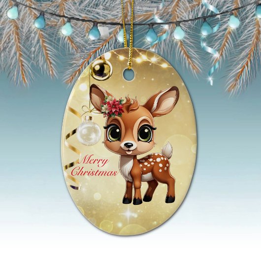 ベビー鹿、子鹿、雌鹿🦌 🎄金ゴールドメリークリスマス セラミックオーナメント