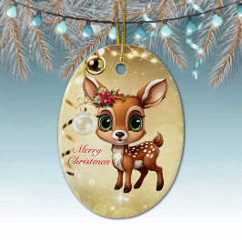 ベビー鹿、子鹿、雌鹿🦌 🎄金ゴールドメリークリスマス セラミックオーナメント