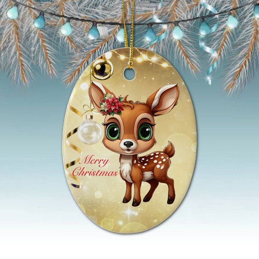 ベビー鹿、子鹿、雌鹿🦌 🎄金ゴールドメリークリスマス セラミックオーナメント