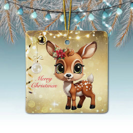 ベビー鹿、子鹿、雌鹿🦌 🎄金ゴールドメリークリスマス セラミックオーナメント