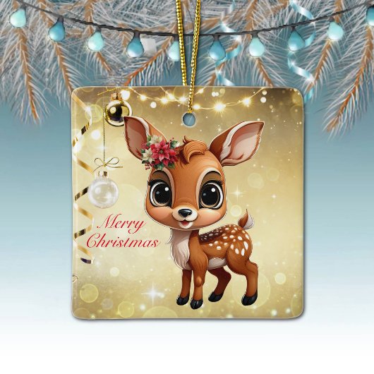 ベビー鹿、子鹿、雌鹿🦌 🎄金ゴールドメリークリスマス セラミックオーナメント