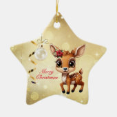 ベビー鹿、子鹿、雌鹿🦌 🎄金ゴールドメリークリスマス セラミックオーナメント (正面)