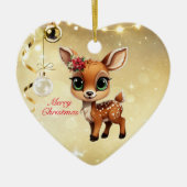 ベビー鹿、子鹿、雌鹿🦌 🎄金ゴールドメリークリスマス セラミックオーナメント (正面)