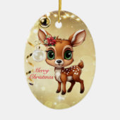 ベビー鹿、子鹿、雌鹿🦌 🎄金ゴールドメリークリスマス セラミックオーナメント (正面)