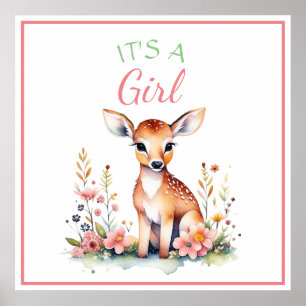 ベビー鹿(花) It's a Girl Baby Shower ポスター