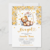 ベビー黄色の花の女の子の赤ちゃんシャワーでテディベア 招待状 (正面)