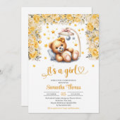ベビー黄色の花の女の子の赤ちゃんシャワーでテディベア 招待状 (正面/裏面)