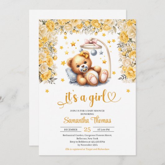 ベビー黄色の花の女の子の赤ちゃんシャワーでテディベア 招待状 (正面/裏面)
