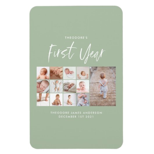 ベビー1年目の写真コラージュスクリプト緑  マグネット (縦)