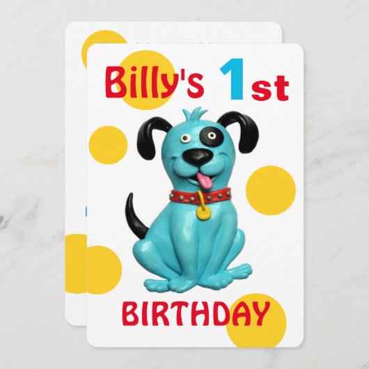 ベビー1歳の誕生日パーティー、かわいい青い子犬 招待状 (正面/裏面)